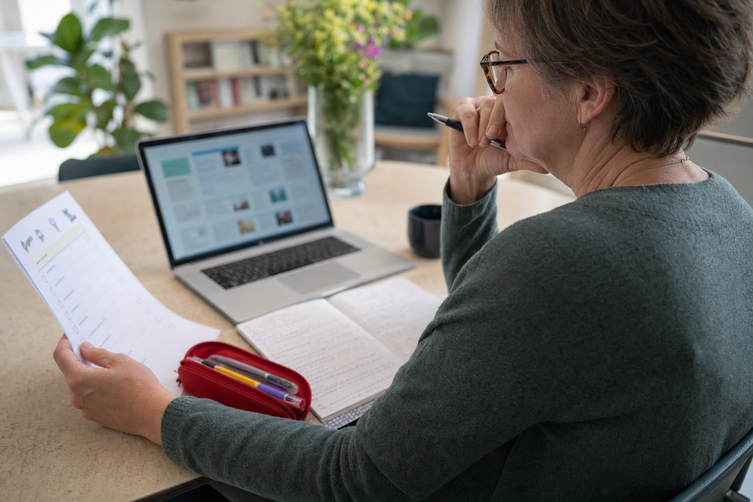 Vrouw vergelijkt thuis gezondheidsinformatie op haar laptop
